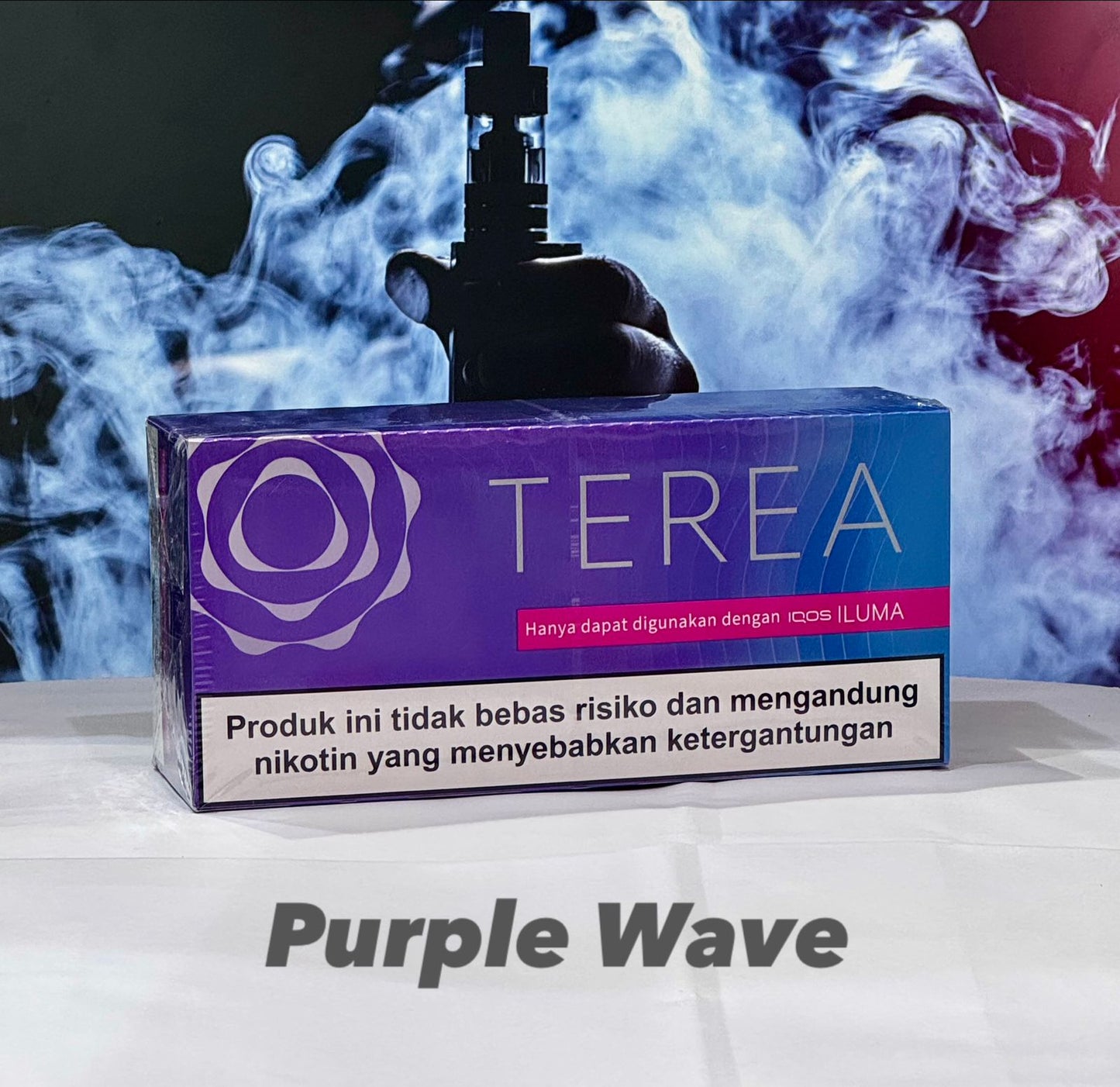 TEREA Indonesia Sticks Purple Wave flavor for IQOS ILUMA with smoke effects in the background