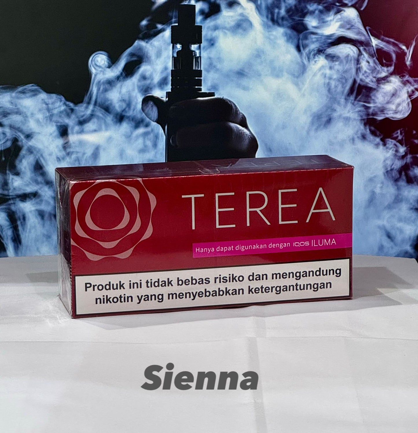 TEREA Indonesia Sticks Sienna flavor for IQOS ILUMA with smoke effects in the background
