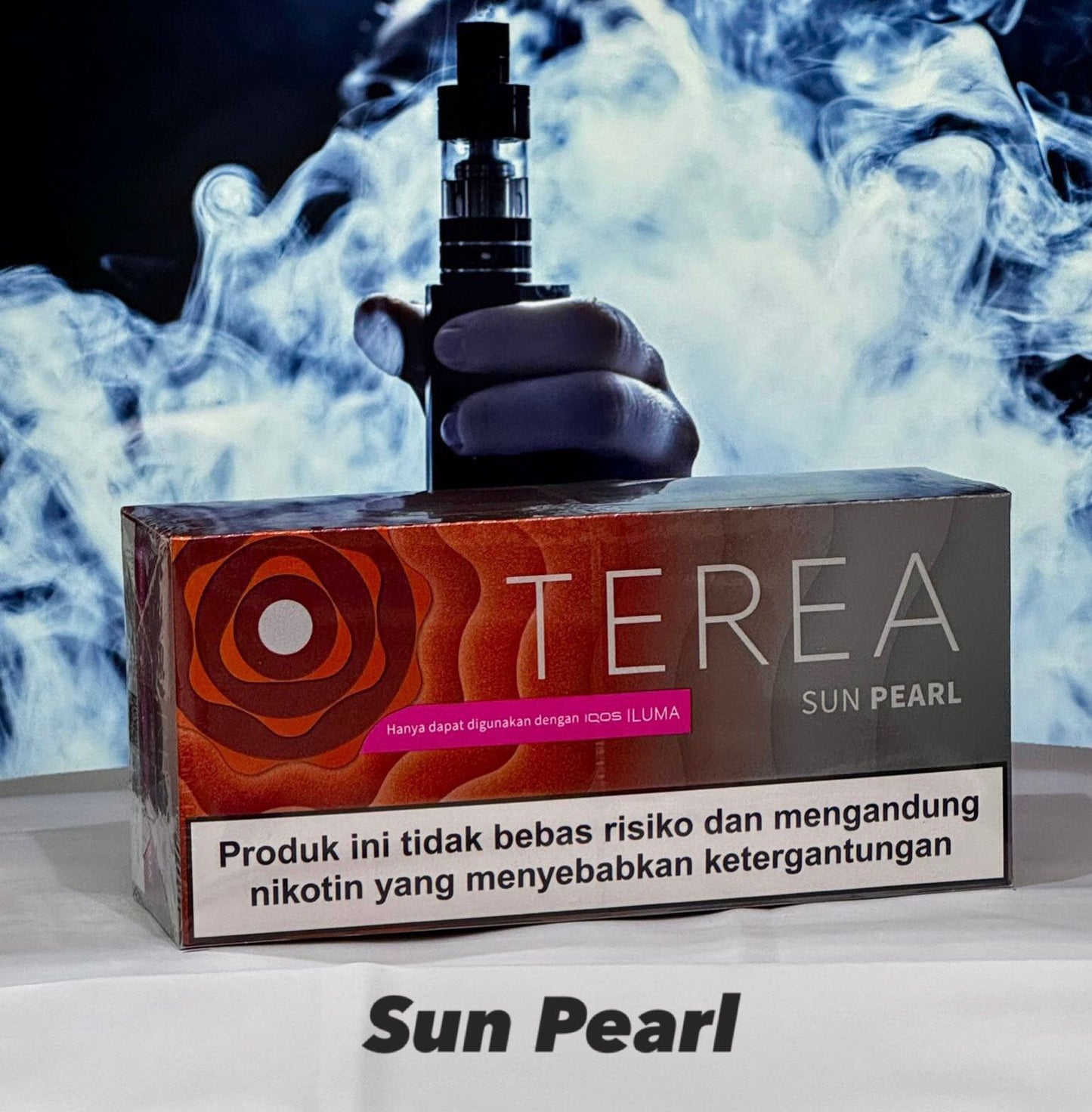 TEREA Indonesia Sticks Sun Pearl flavor for IQOS ILUMA with smoke effects in the background