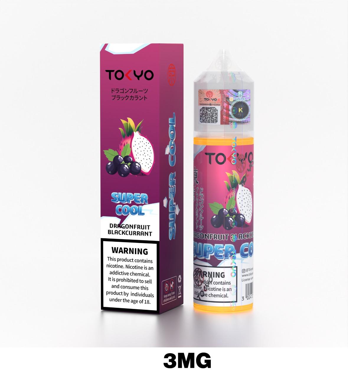 Tokyo Super Cool 60ml E-Liquid 3mg Nicotine Dragonfruit Blackcurrant flavor device with pack