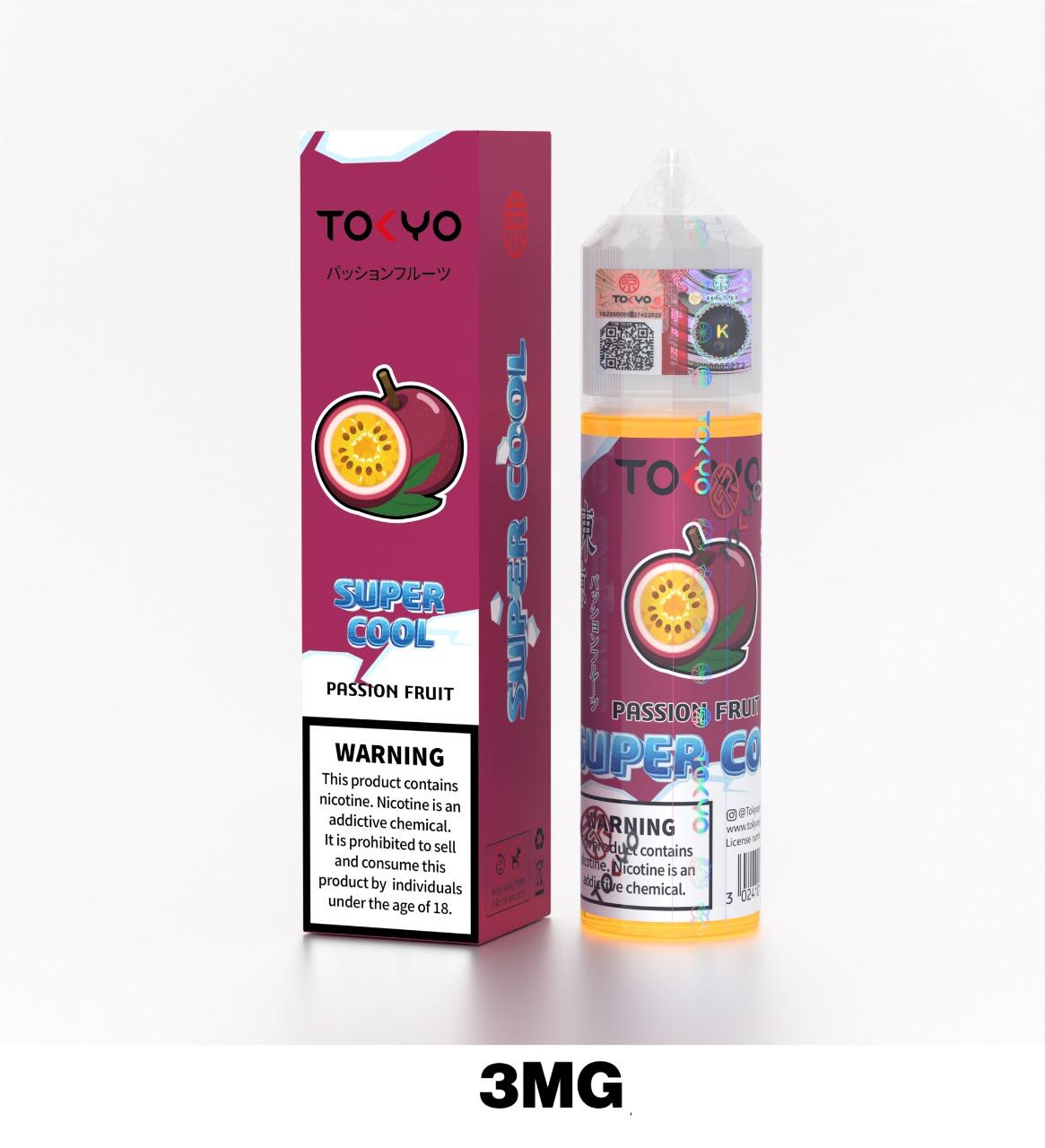 Tokyo Super Cool 60ml E-Liquid 3mg Nicotine Passion Fruit flavor device with pack