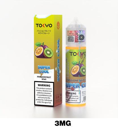 Tokyo Super Cool 60ml E-Liquid 3mg Nicotine Passionfruit Kiwi flavor device with pack