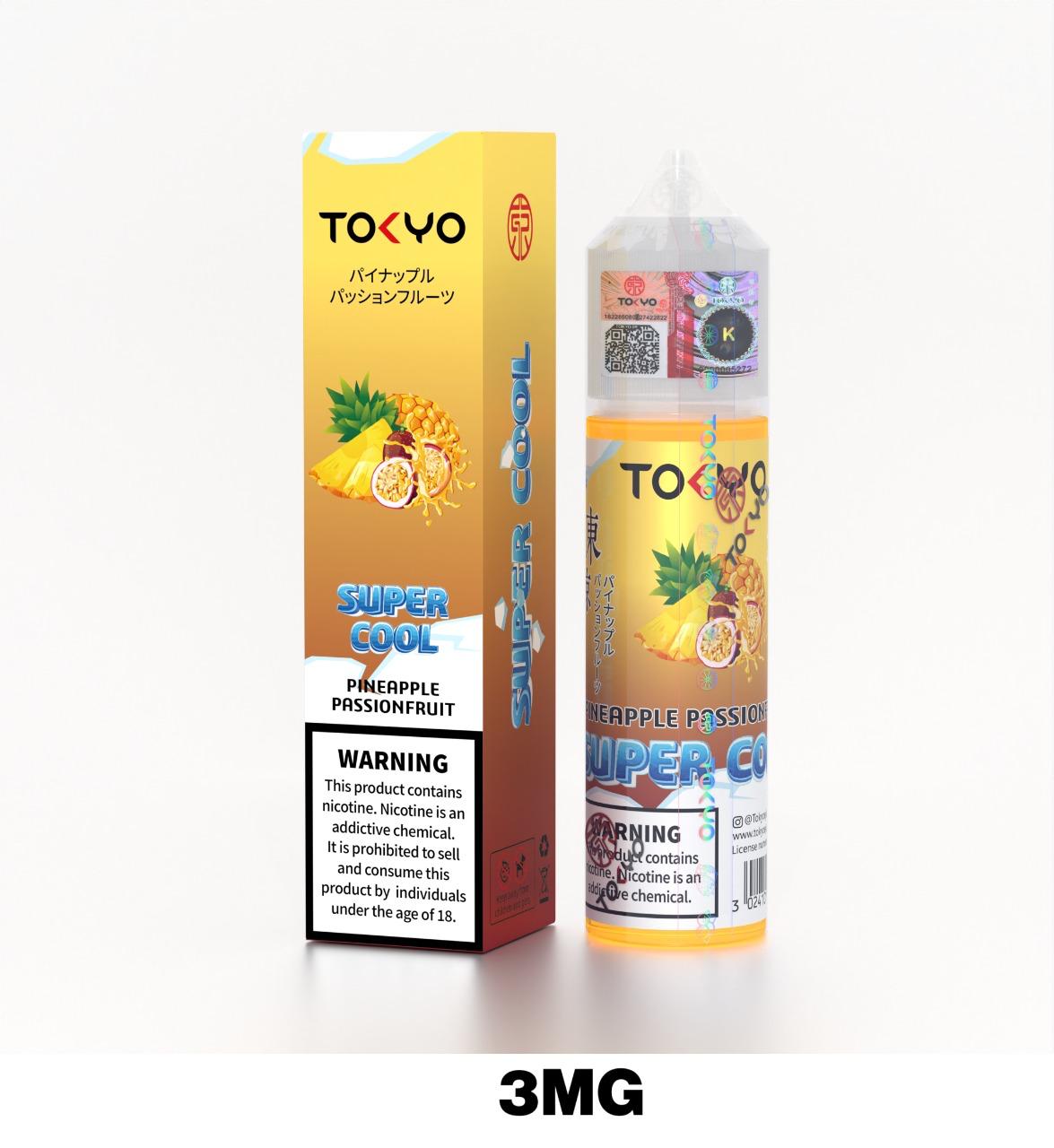 Tokyo Super Cool 60ml E-Liquid 3mg Nicotine Pineapple Passionfruit flavor device with pack