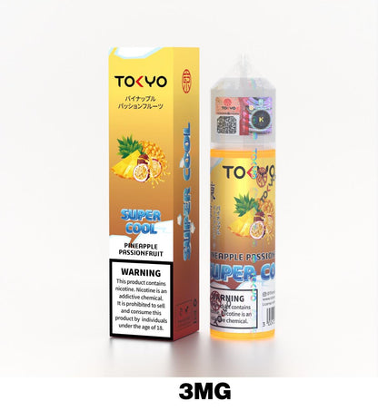 Tokyo Super Cool 60ml E-Liquid 3mg Nicotine Pineapple Passionfruit flavor device with pack