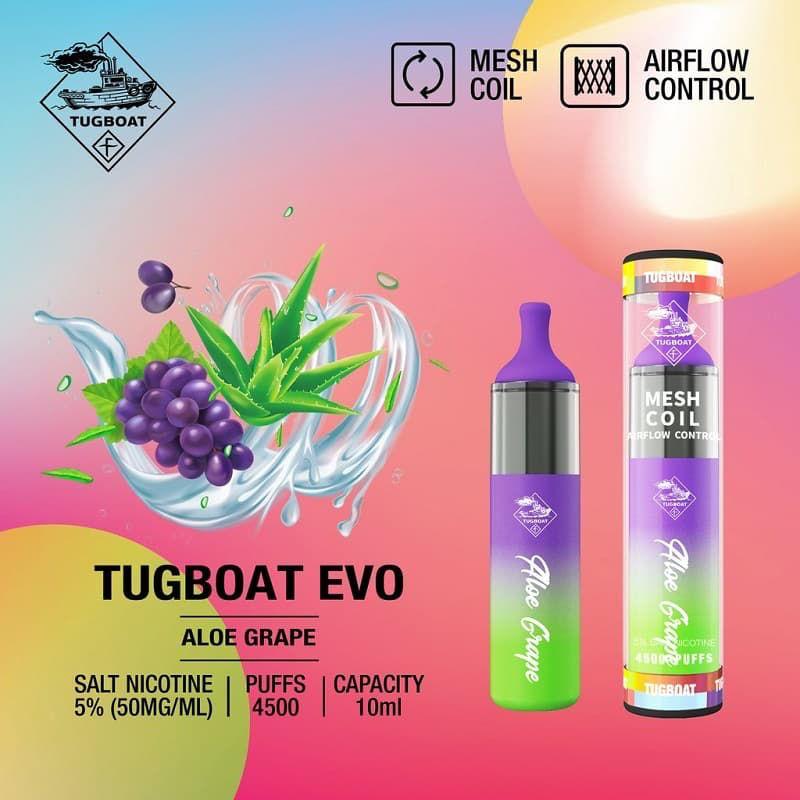 Tugboat EVO 4500 Puffs Disposable Vape Aloe Grape flavor device with product details