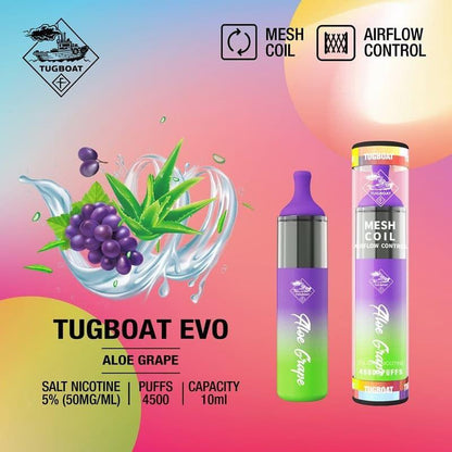 Tugboat EVO 4500 Puffs Disposable Vape Aloe Grape flavor device with product details