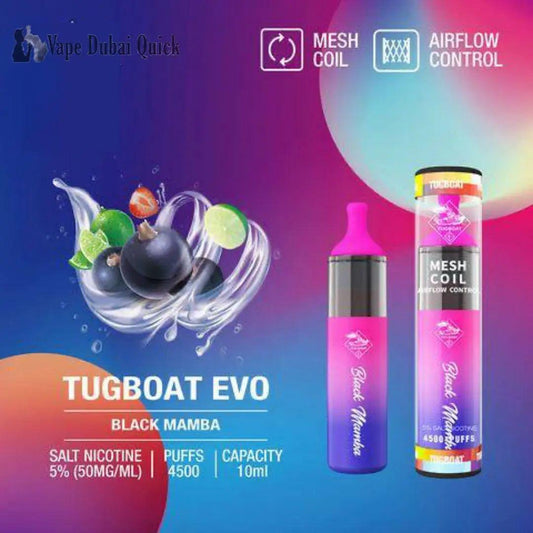 Tugboat EVO 4500 Puffs Disposable Vape Black Mamba flavor device with product details