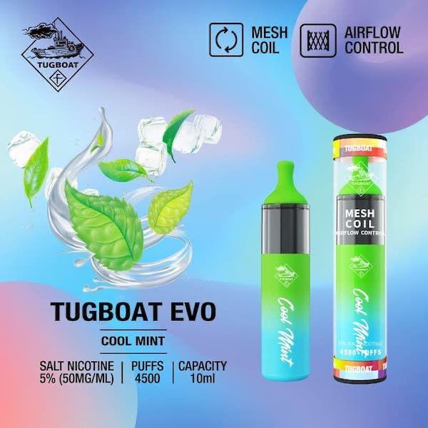 Tugboat EVO 4500 Puffs Disposable Vape Cool Mint flavor with packaging on a colorful bg