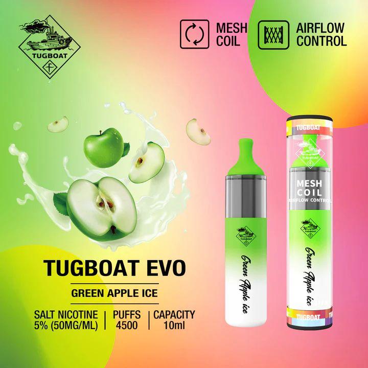 Tugboat EVO 4500 Puffs Disposable Vape Green Apple Ice flavor with on a pink gradient bg