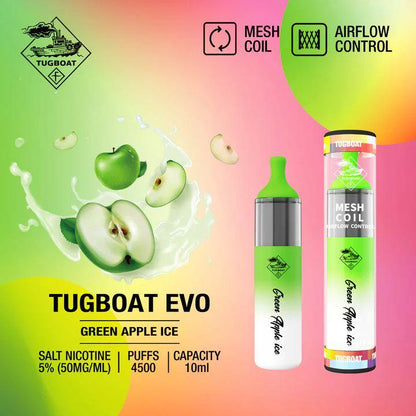 Tugboat EVO 4500 Puffs Disposable Vape Green Apple Ice flavor with on a pink gradient bg
