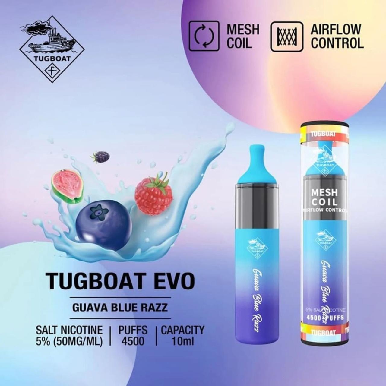 Tugboat EVO 4500 Puffs Disposable Vape Guava Blue Razz flavor with mesh coil & airflow control