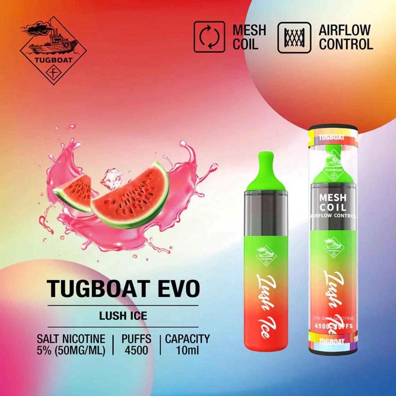 Tugboat EVO 4500 Puffs Disposable Vape Lush Ice flavor device with mesh coil & airflow control