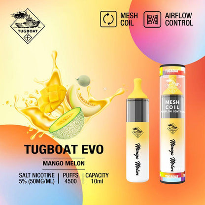 Tugboat EVO 4500 Puffs Disposable Vape Mango Melon flavor device with mesh coil & airflow control