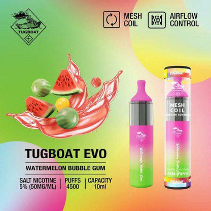 Tugboat EVO 4500 Puffs Disposable Vape Watermelon Bubble Gum flavor device with mesh coil