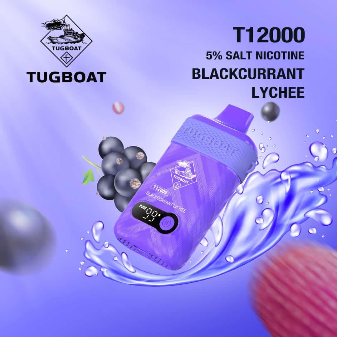 Tugboat T12000 Puffs Disposable Vape 50mg salt nicotine, Blackcurrant Lychee Flavor