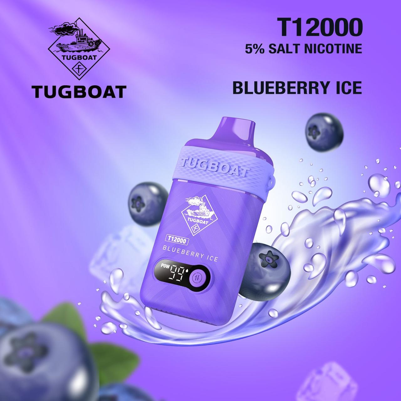 Tugboat T12000 Puffs Disposable Vape 50mg salt nicotine, Blueberry Ice Flavor