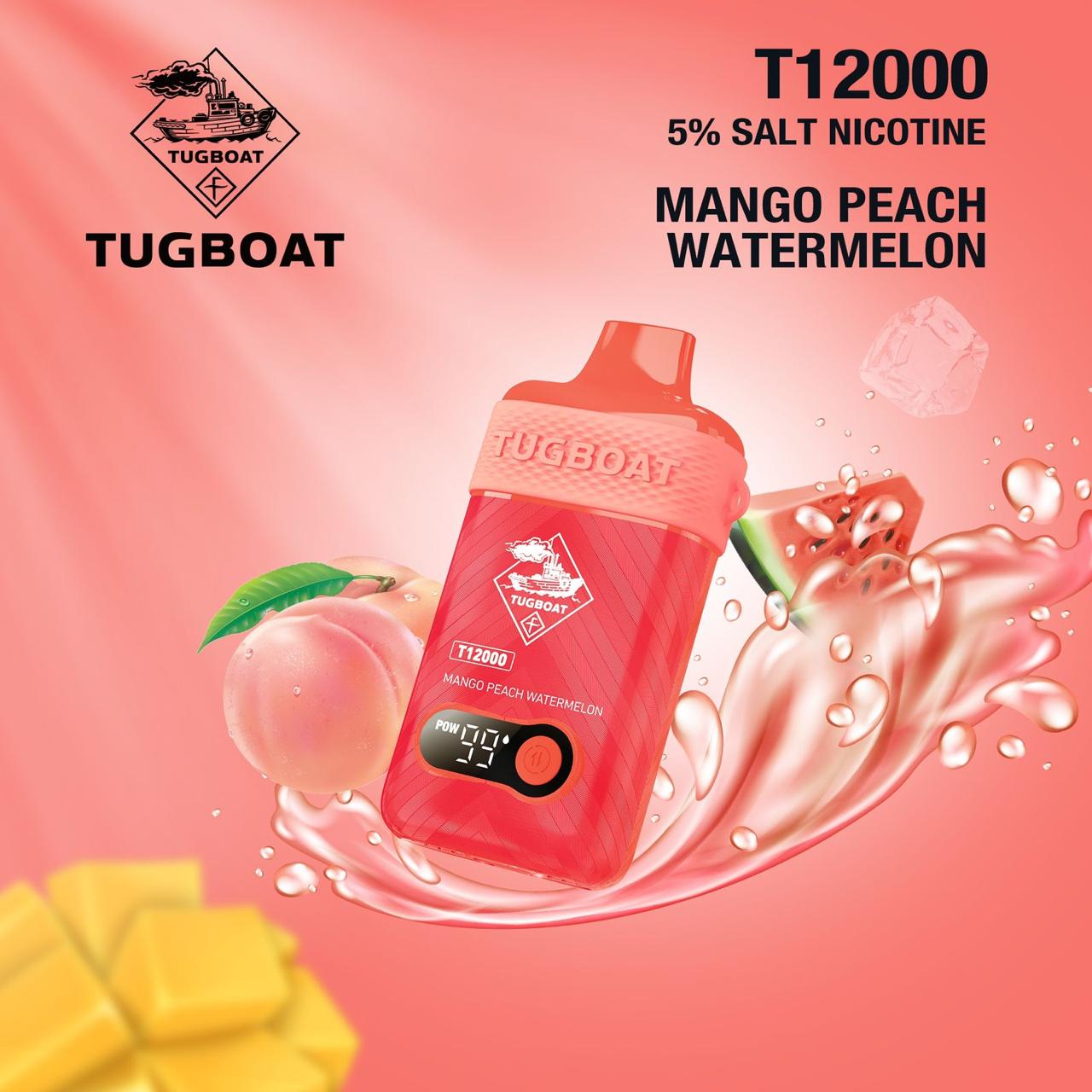 Tugboat T12000 Puffs Disposable Vape 50mg salt nicotine, Mango Peach Watermelon Flavor