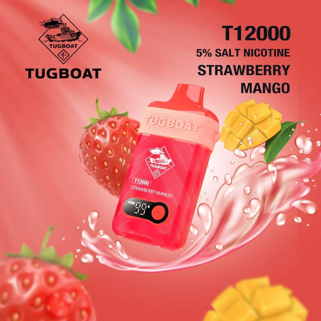 Tugboat T12000 Puffs Disposable Vape 50mg salt nicotine, Strawberry Mango Flavor