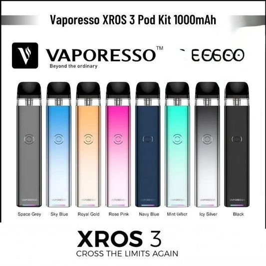 Vaporesso XROS 3 Pod System Kit in various colors on a white background