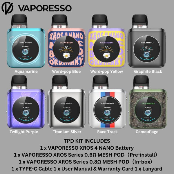 Vaporesso XROS 4 Nano Pod System devices with various color options on a gray background