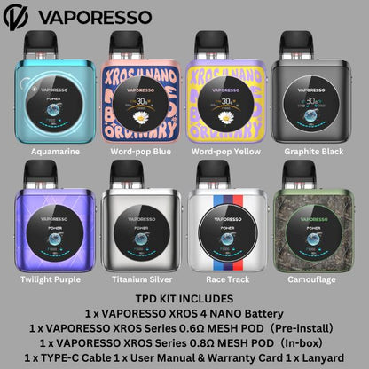 Vaporesso XROS 4 Nano Pod System devices with various color options on a gray background