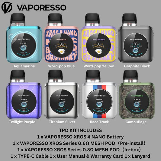 Vaporesso XROS 4 Nano Pod System devices with various color options on a gray background