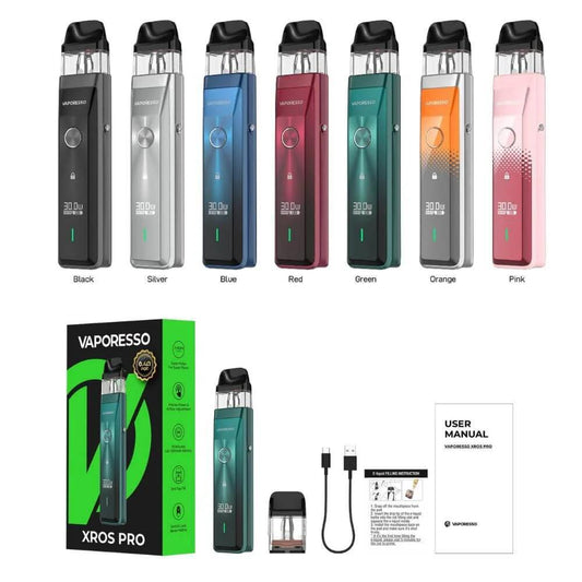 Vaporesso XROS Pro device in various colors with packaging, user manual & accessories on a white bg