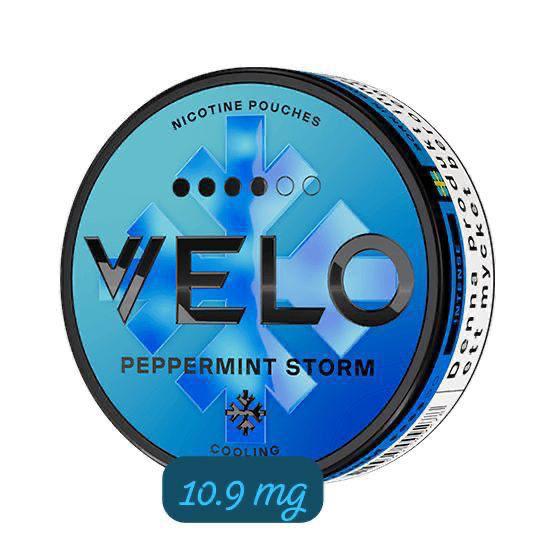 Velo Nicotine Pouches in Peppermint Storm flavor on a white background