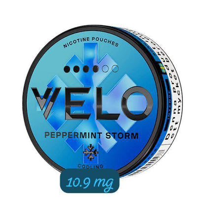 Velo Nicotine Pouches in Peppermint Storm flavor on a white background