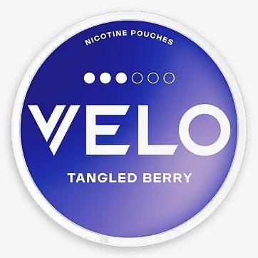 Velo Nicotine Pouches in Tangled Berry flavor on a white background