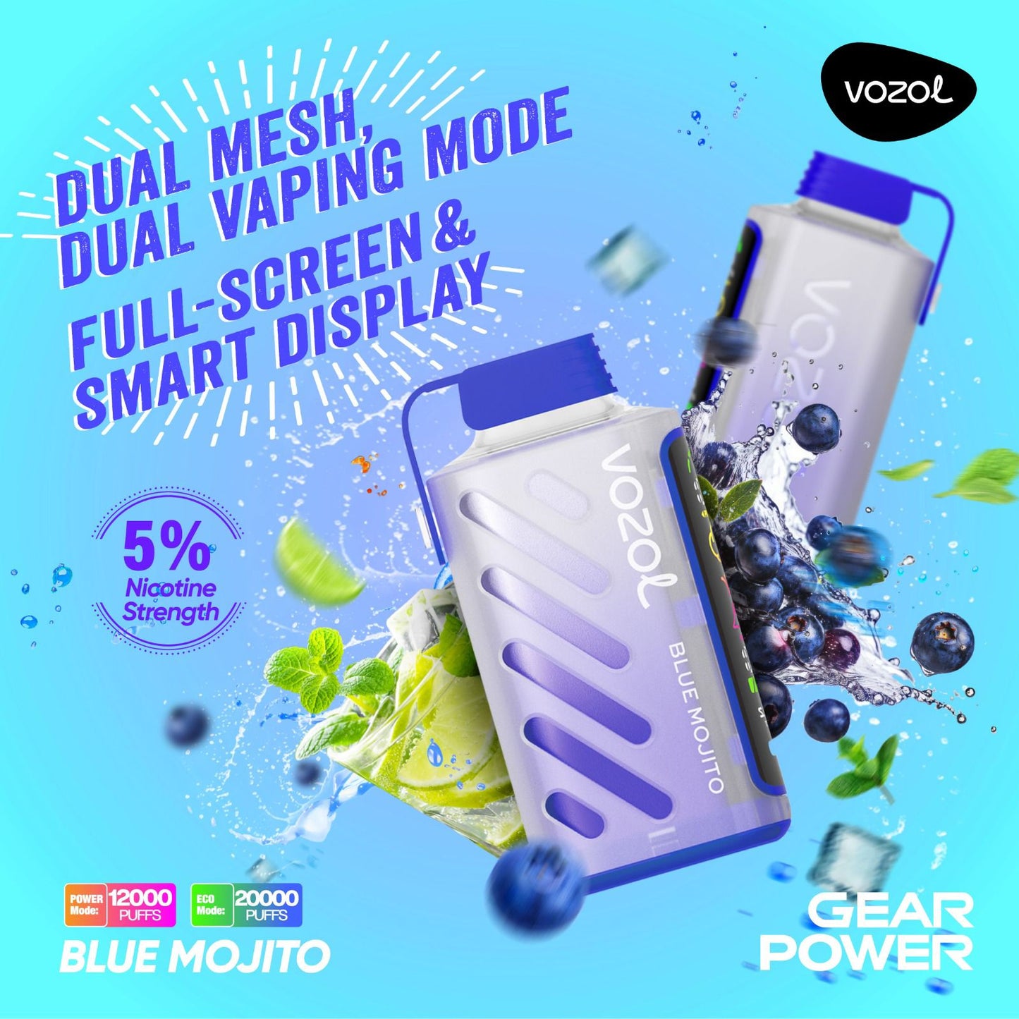 Vozol Gear Power 20000 Puffs Disposable Vape Blue Mojito flavor device