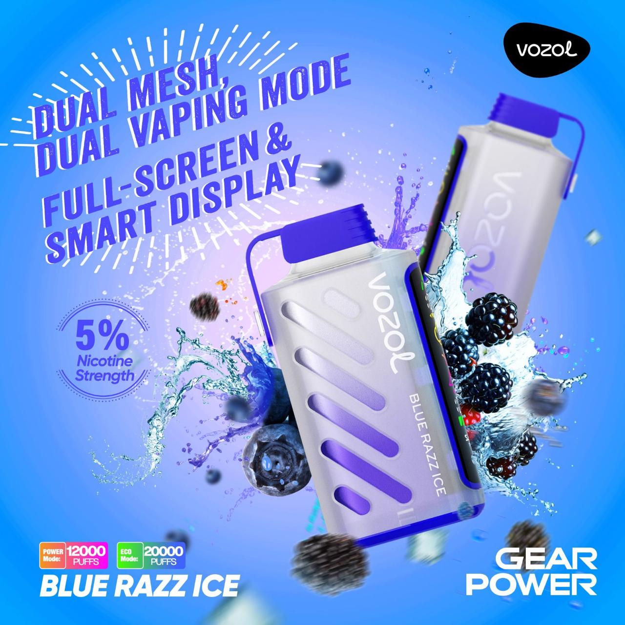 Vozol Gear Power 20000 Puffs Disposable Vape Blue Razz Ice flavor device