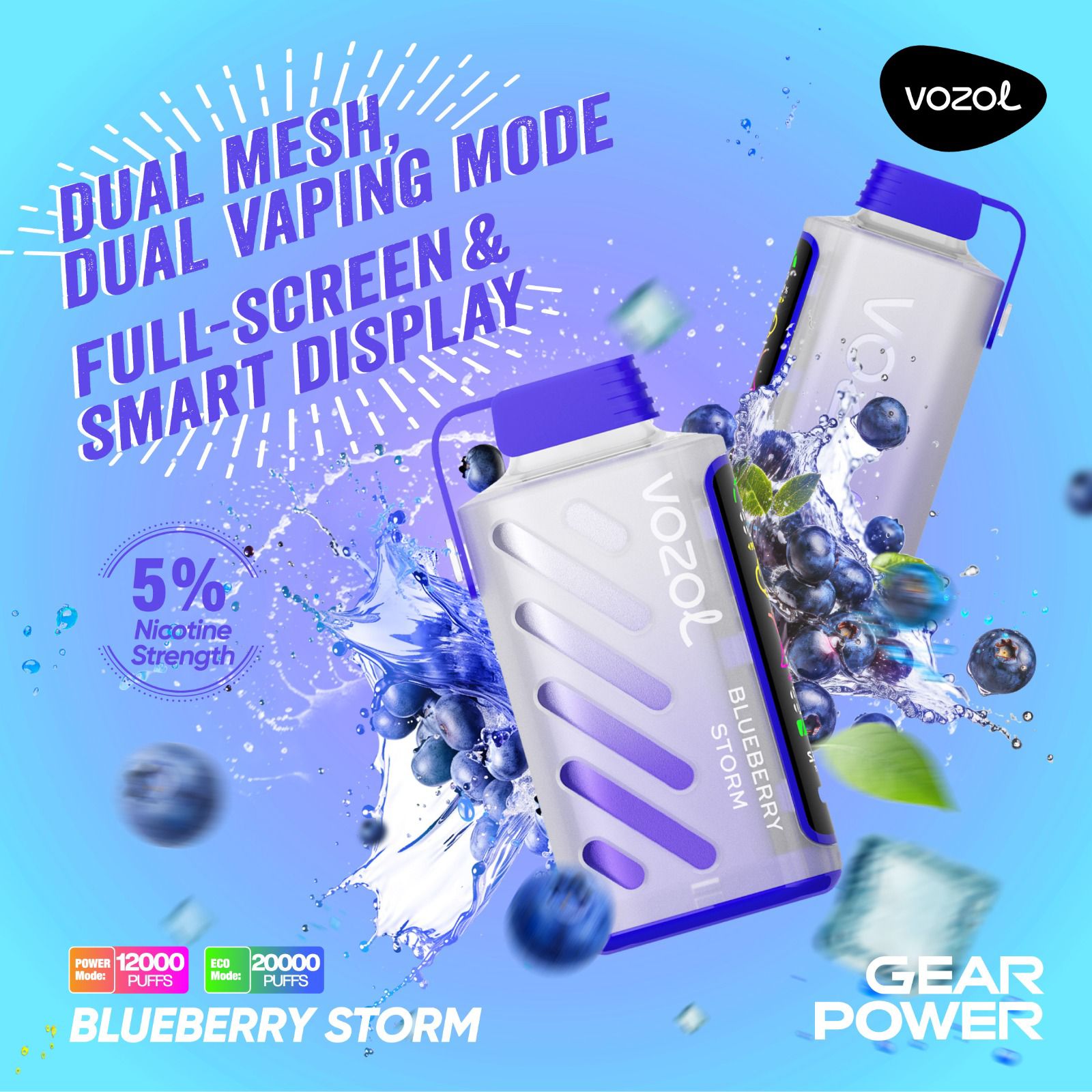 Vozol Gear Power 20000 Puffs Disposable Vape Blueberry Storm flavor device