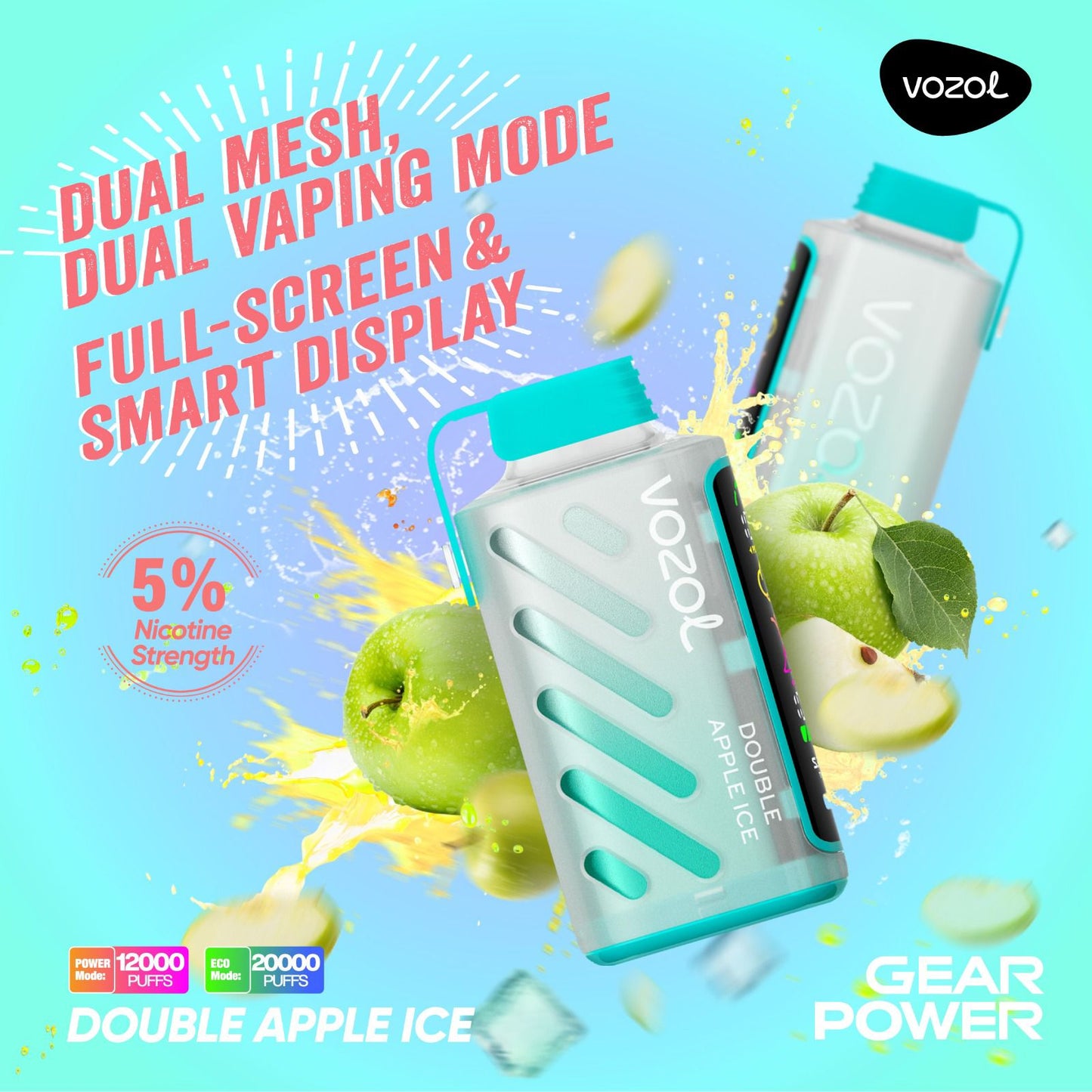 Vozol Gear Power 20000 Puffs Disposable Vape Double Apple Ice flavor device