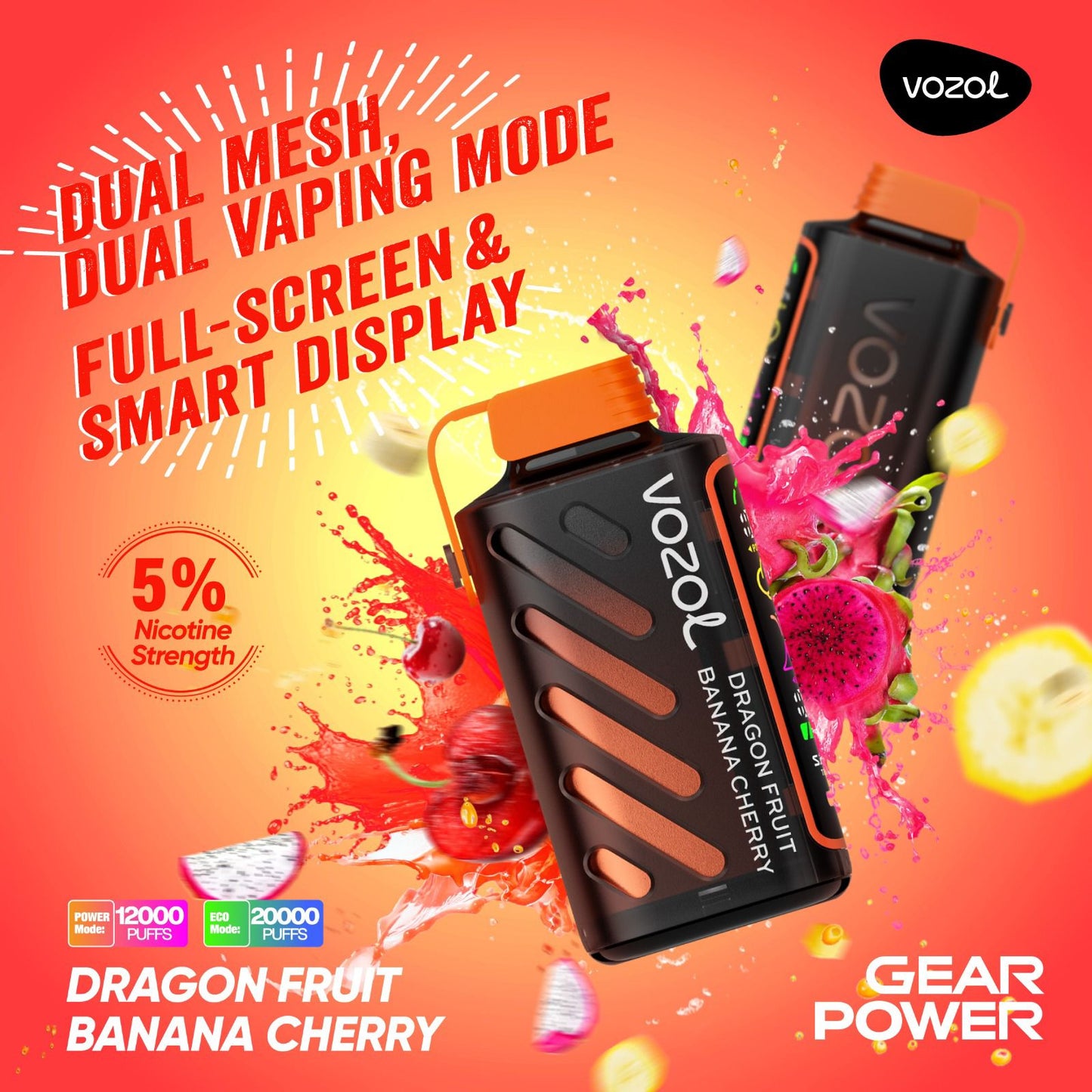 Vozol Gear Power 20000 Puffs Disposable Vape Dragon Fruit Banana Cherry flavor device