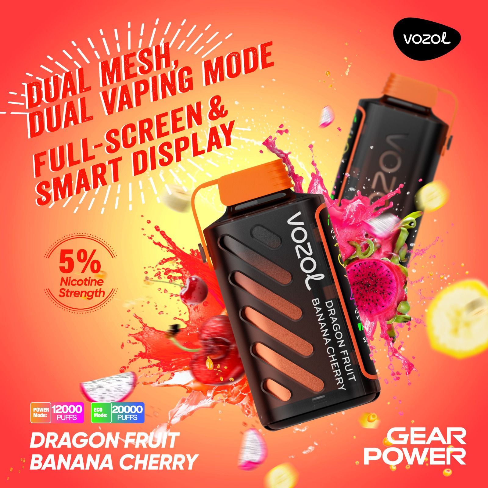 Vozol Gear Power 20000 Puffs Disposable Vape Dragon Fruit Banana Cherry flavor device