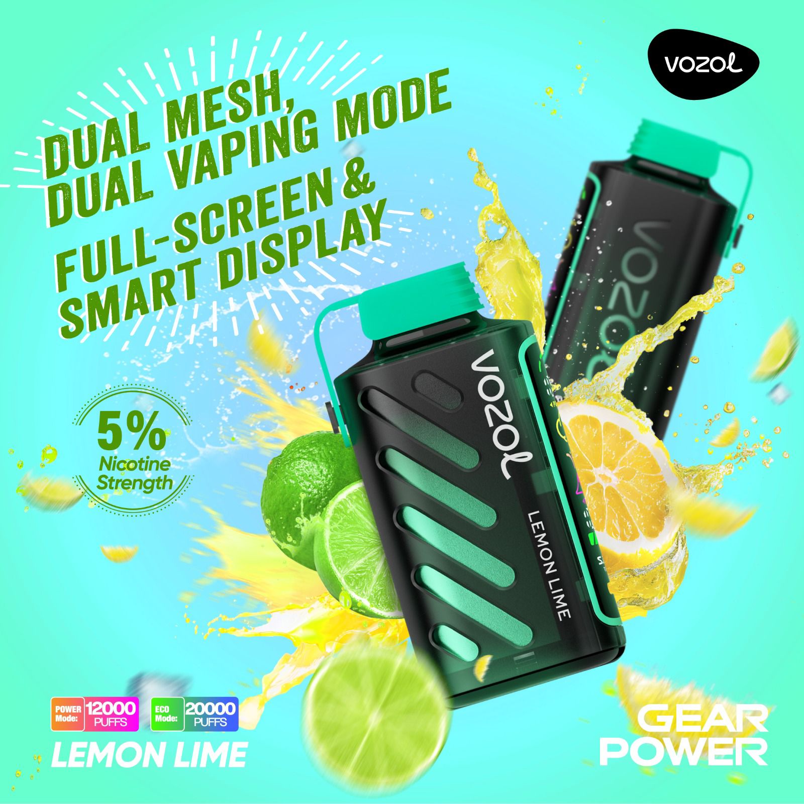 Vozol Gear Power 20000 Puffs Disposable Vape Lemon Lime flavor device