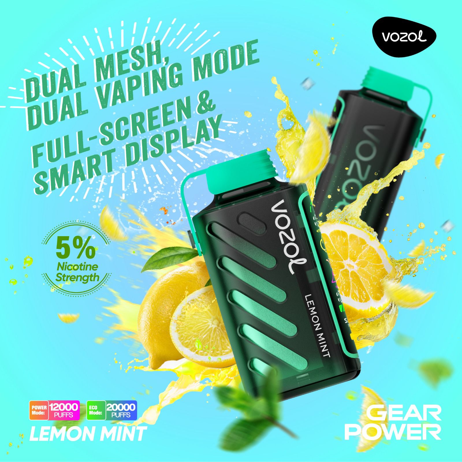 Vozol Gear Power 20000 Puffs Disposable Vape Lemon Mint flavor device