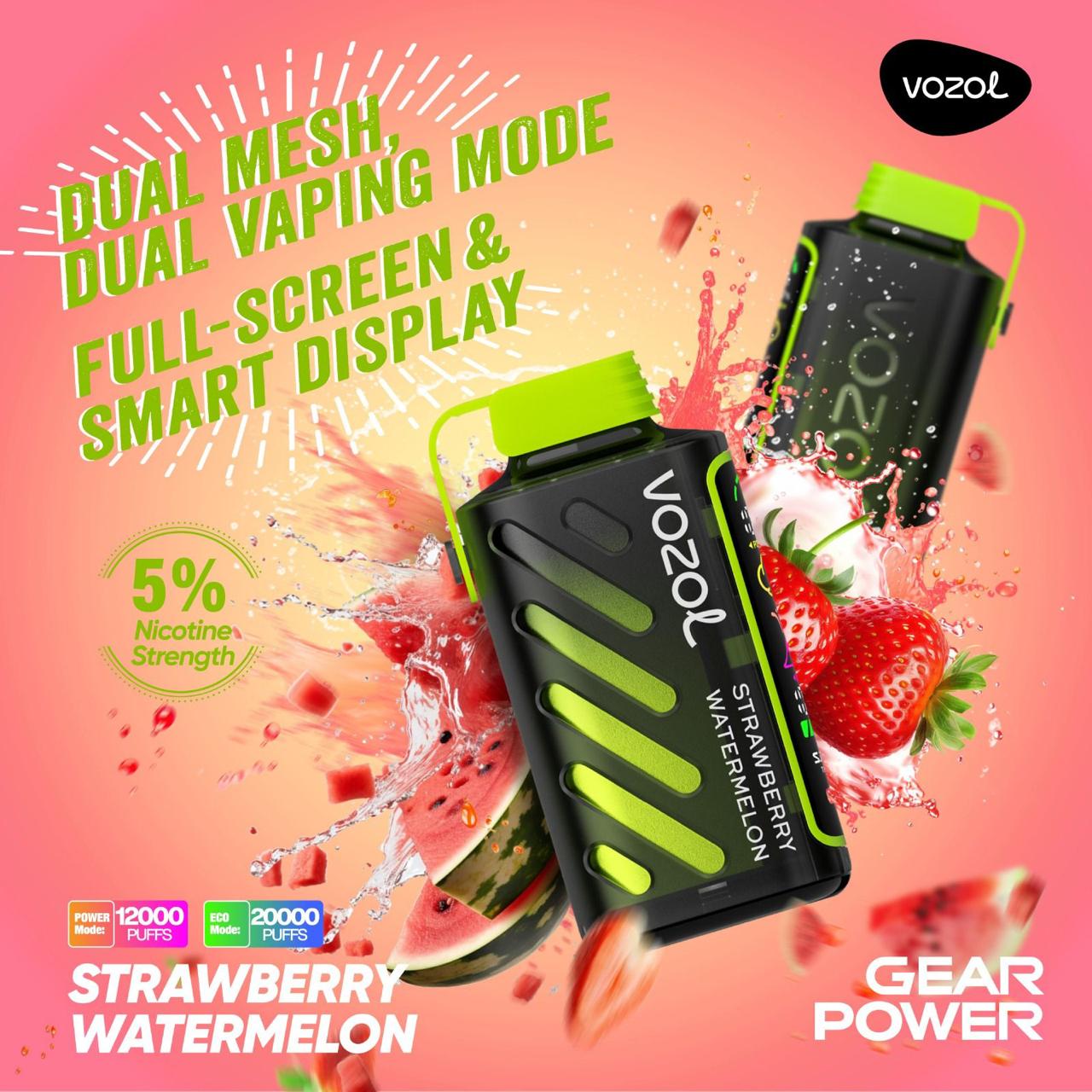 Vozol Gear Power 20000 Puffs Disposable Vape Strawberry Watermelon flavor device