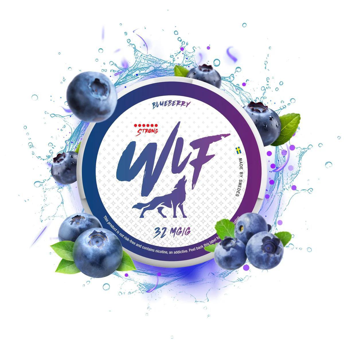 WLF Nicotine Pouches Blueberry flavor and water droplets on a white background