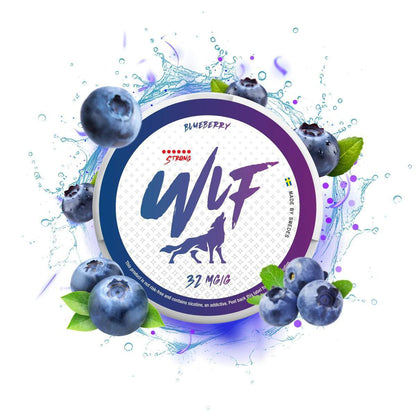 WLF Nicotine Pouches Blueberry flavor and water droplets on a white background