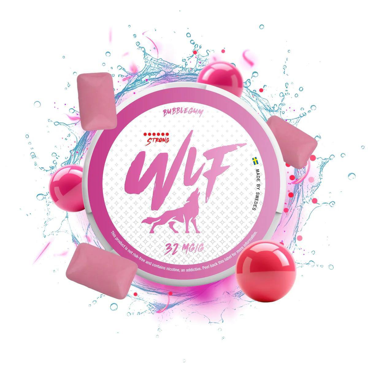 WLF Nicotine Pouches Bubblegum flavor container on a colorful background