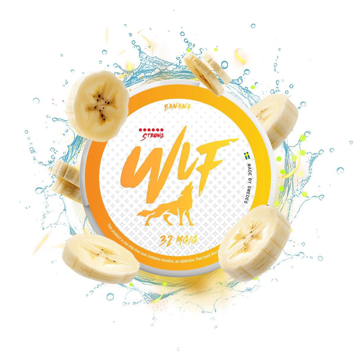 WLF Nicotine Pouches banana flavor and water droplets on a white background