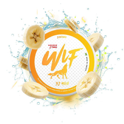 WLF Nicotine Pouches banana flavor and water droplets on a white background