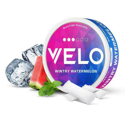 VELO nicotine pouches wintry watermelon flavor with ice cubes, and mint leaves on a white background