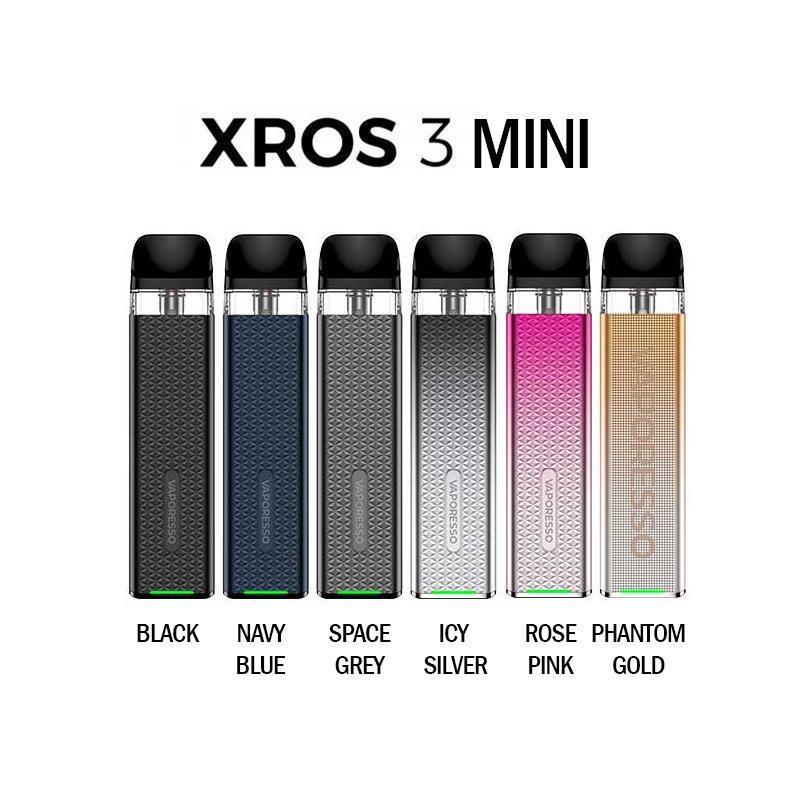 Vaporesso XROS 3 Mini Pod System devices in various colors on a white background