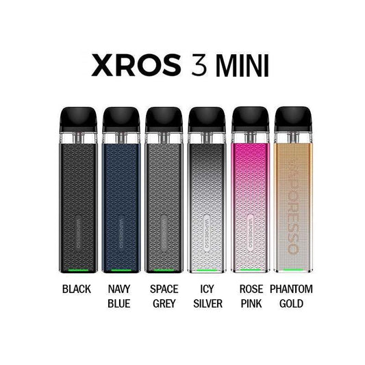 Vaporesso XROS 3 Mini Pod System devices in various colors on a white background