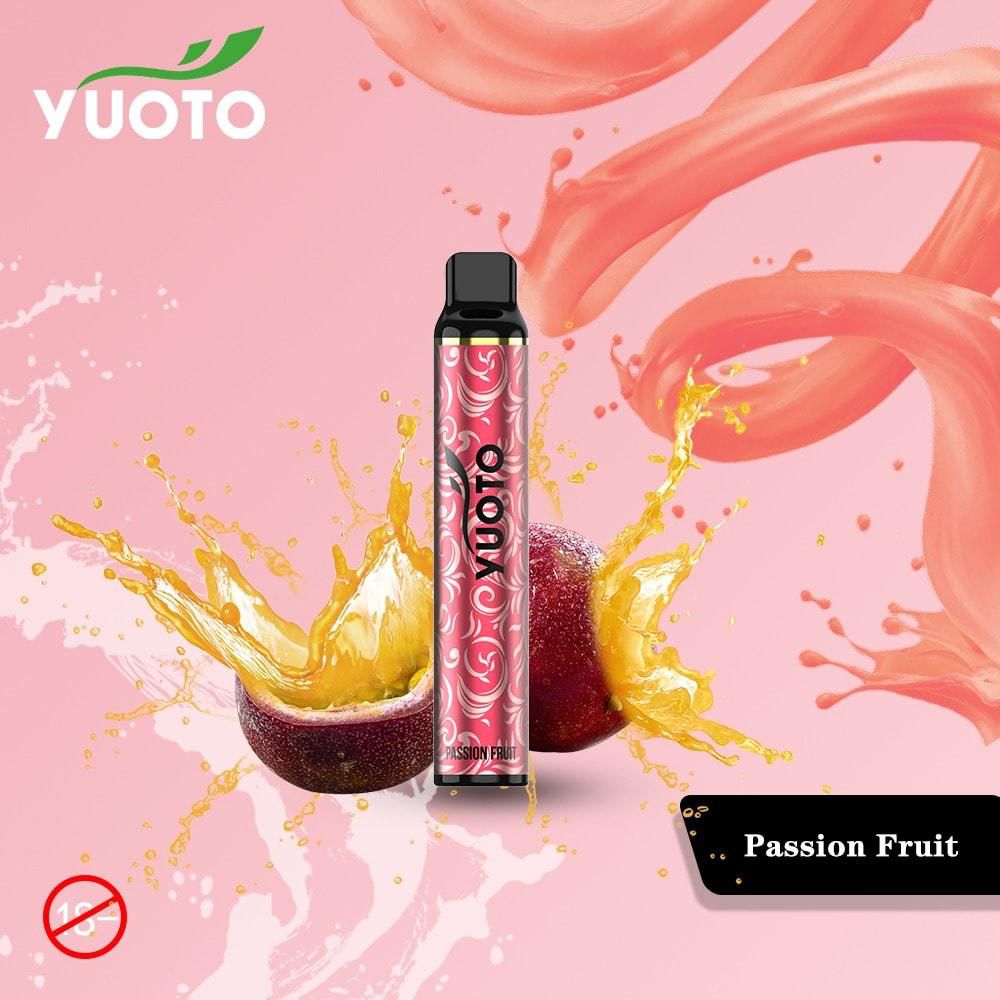 Yuoto Luscious 3000 Puffs Disposable Vape device with passion fruit flavor on a pink background